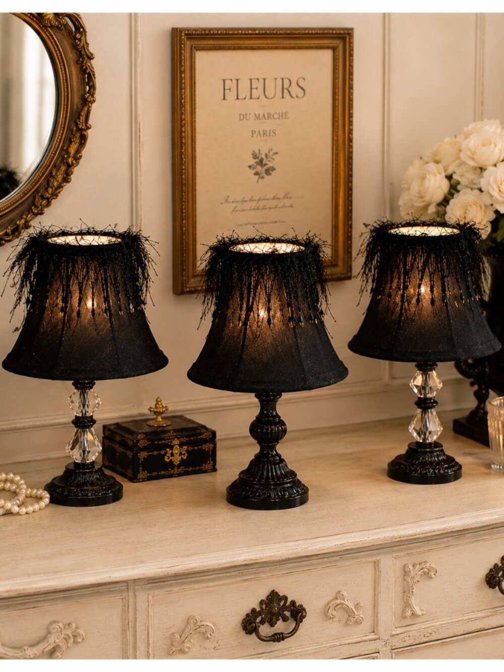 Set of 3 Black Fringe Decorative Specialty Light Shades Gothic Glam